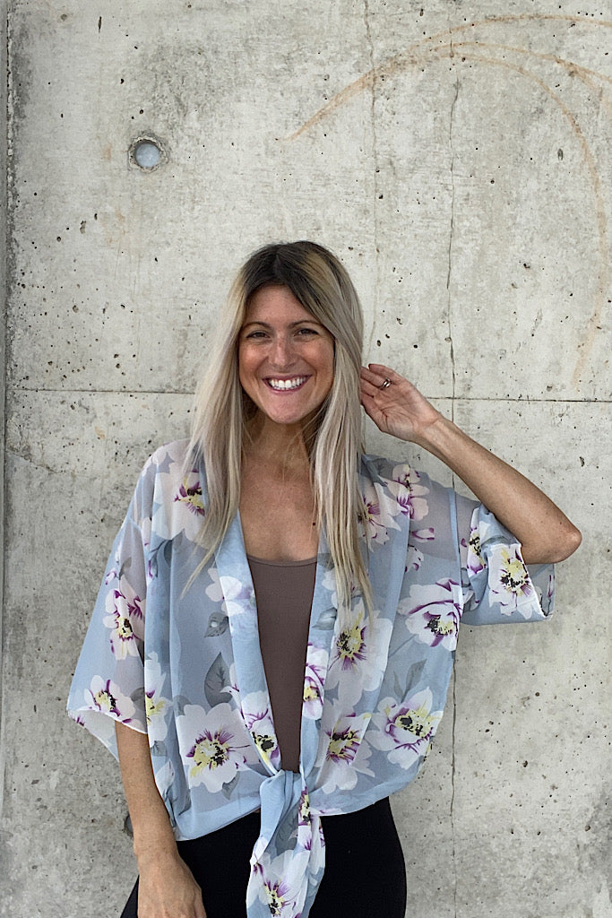 Floral Chiffon Front Tie Kimono Cardigan