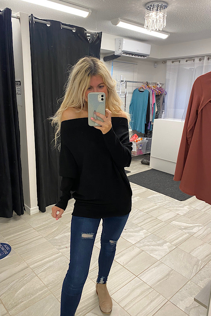 Black Luxe Ribbed Off The Shoulder Sweater