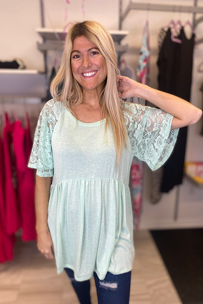 Mint Flutter Lace Sleeve Babydoll Top