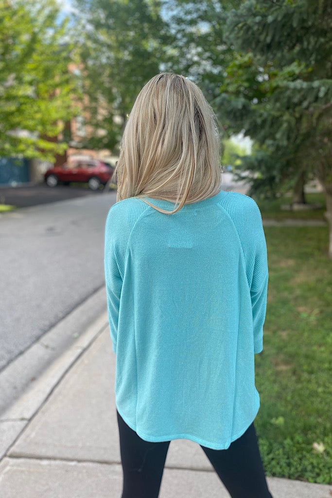 The Tia Aqua Raglan Style Contrast Brushed Knit Top