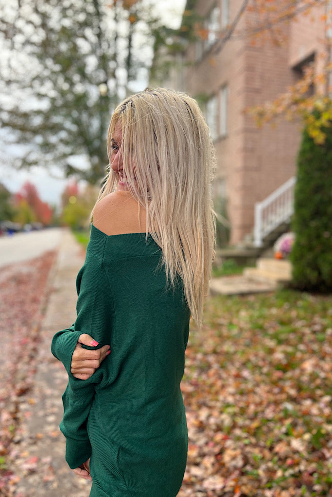 Hunter Green Luxe Ribbed Off The Shoulder Sweater