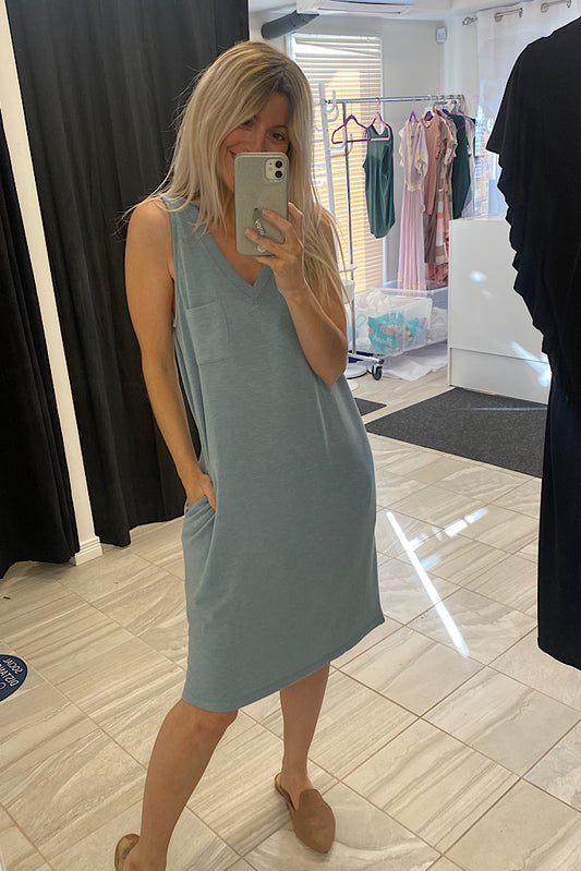Solid V-Neck French Terry Sleeveless Dress
