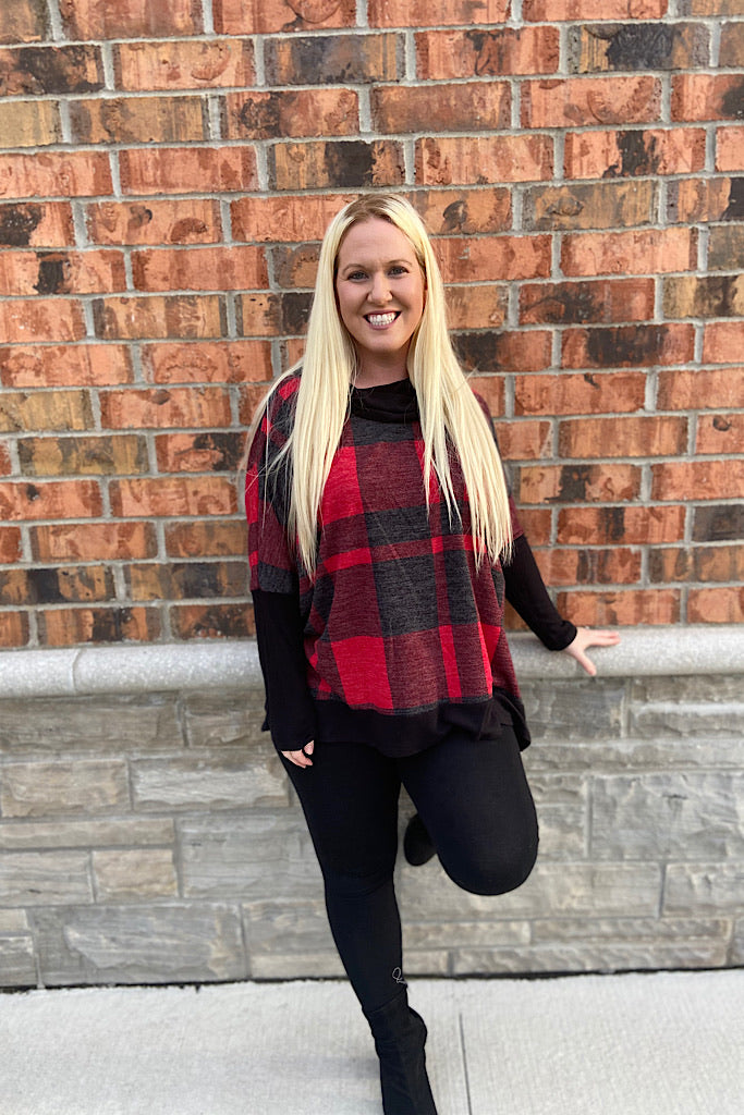 Red Plaid Boho Cowl Neck Top
