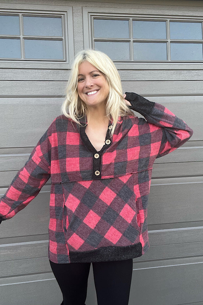 Mya Buffalo Plaid Pocket Pullover Hoodie-SALE