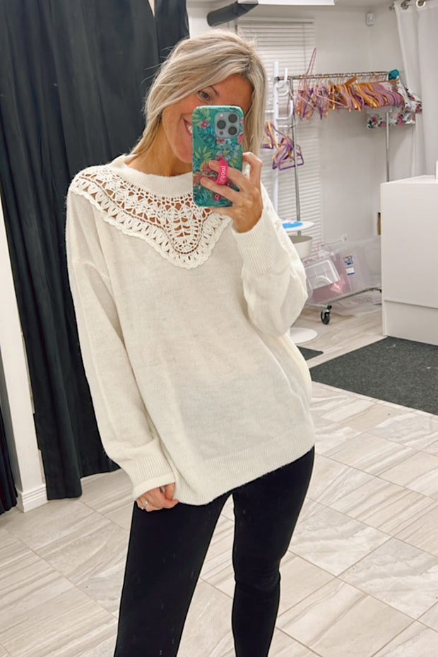Crochet Lace Trim Pullover Sweater