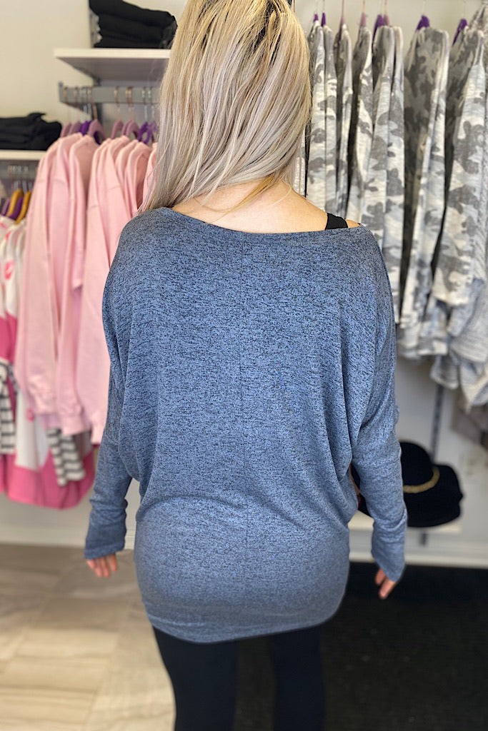 Trendy Dolman Long Sleeve 2 in 1 Tops- Slate Blue