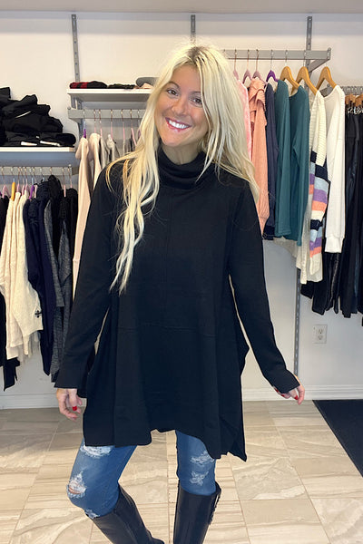 Mia Black Oversized Elite High-Low Turtle Neck Tunic