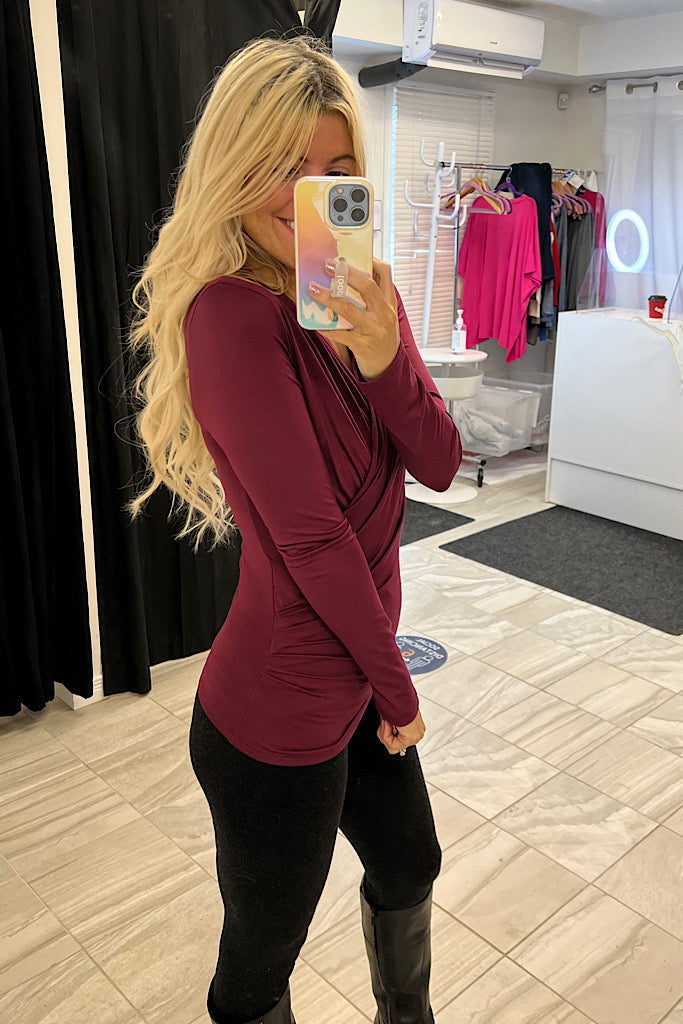 Pretty in Wine Surplice Ruched Long Sleeve Top
