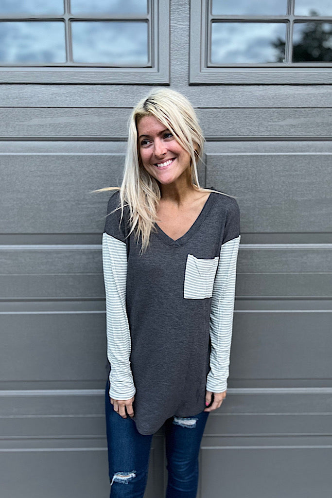 The Weekend Winnie V Neck Charcoal Striped Top