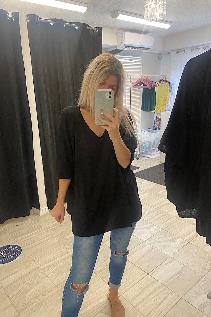 Pre Order Black Waffle V Neck Dolman Sleeve Top