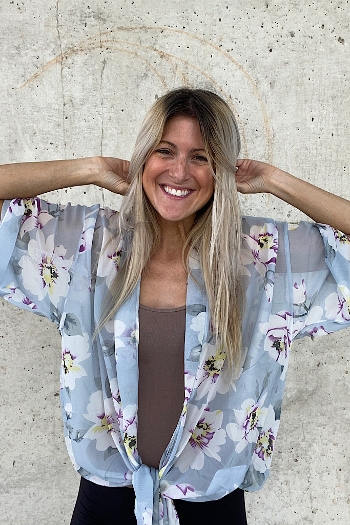 Floral Chiffon Front Tie Kimono Cardigan