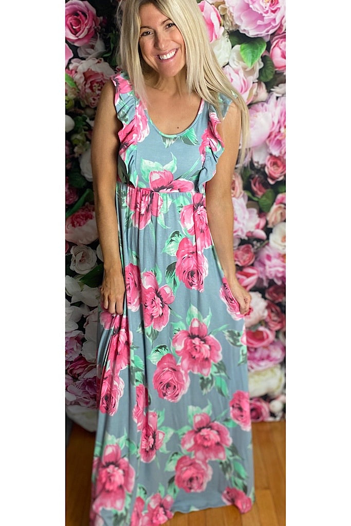 Cozy Chic Sage Floral Maxi Dress
