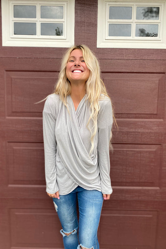 Silver Stephie Surplice Ribbed Top