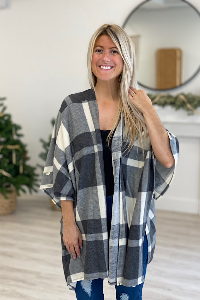 Charcoal Plaid Open Closure Cardigan