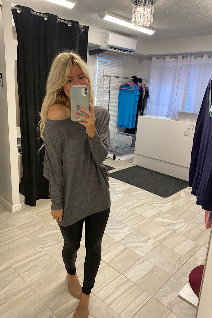 Charcoal Dolman Long Sleeves Brushed Knit Top