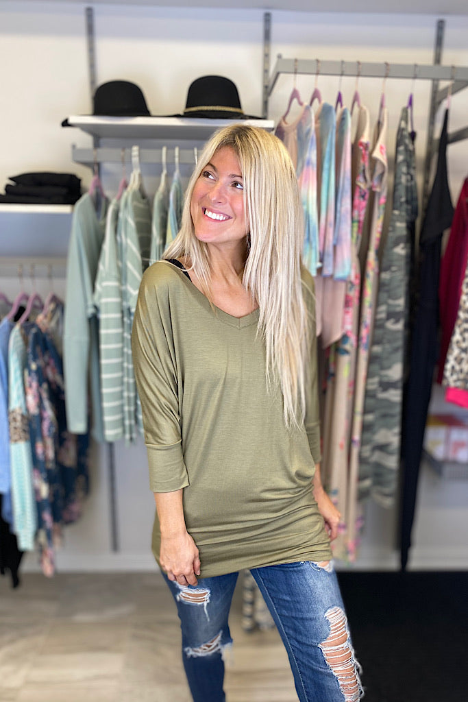 2 in 1 Style Olive V Neck Premium Dolman Sleeve Top