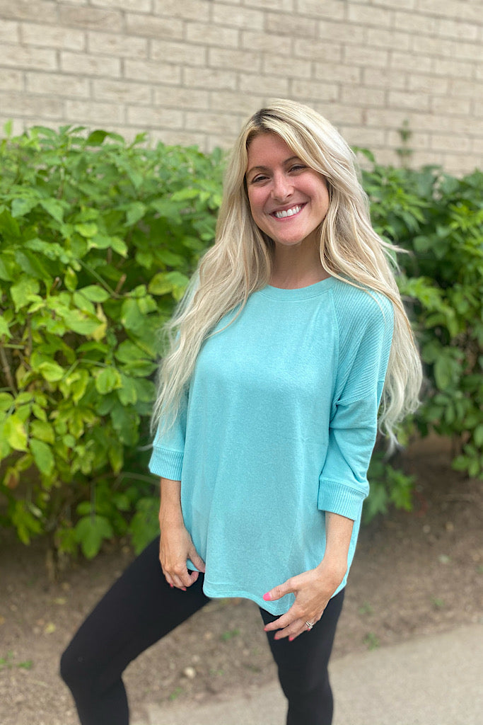 The Tia Aqua Raglan Style Contrast Brushed Knit Top