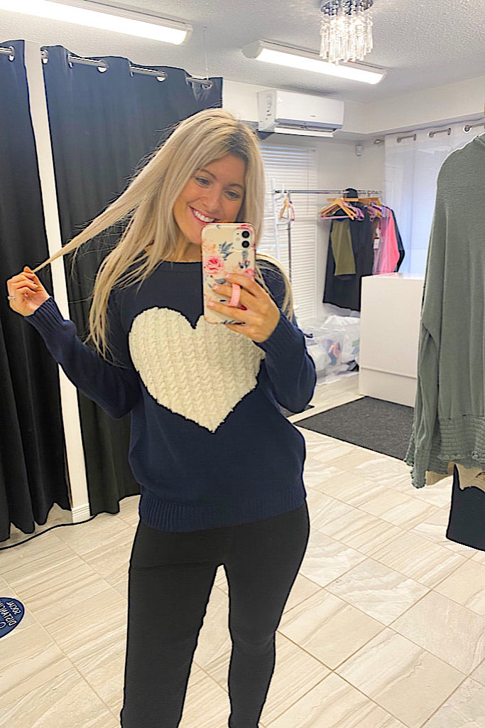 Kind Love Heart Rounded Neck Pullover Sweater-Navy/Ivory