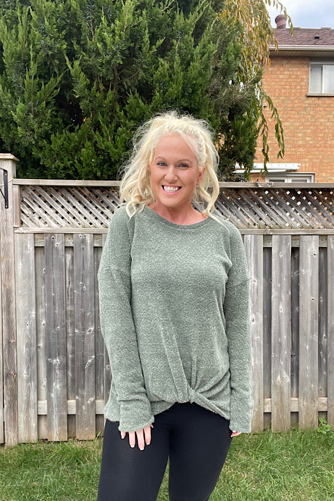 New Colour Alert Olive Eyelash Knit Knot Top