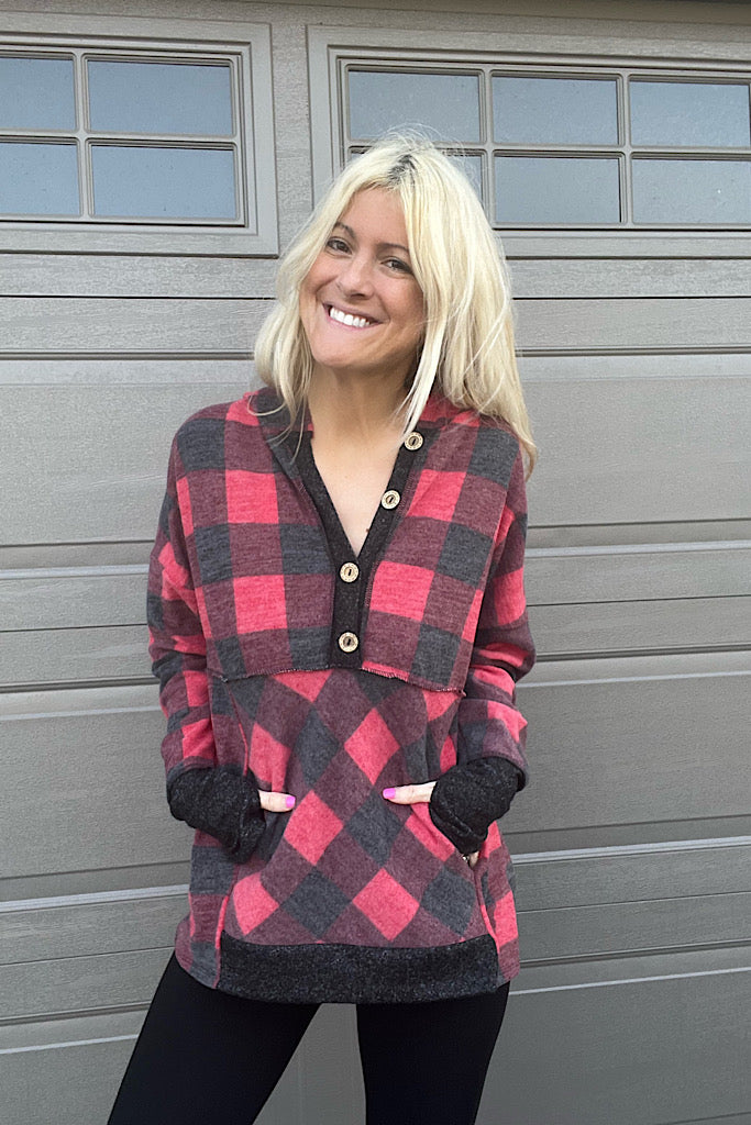 Mya Buffalo Plaid Pocket Pullover Hoodie-SALE