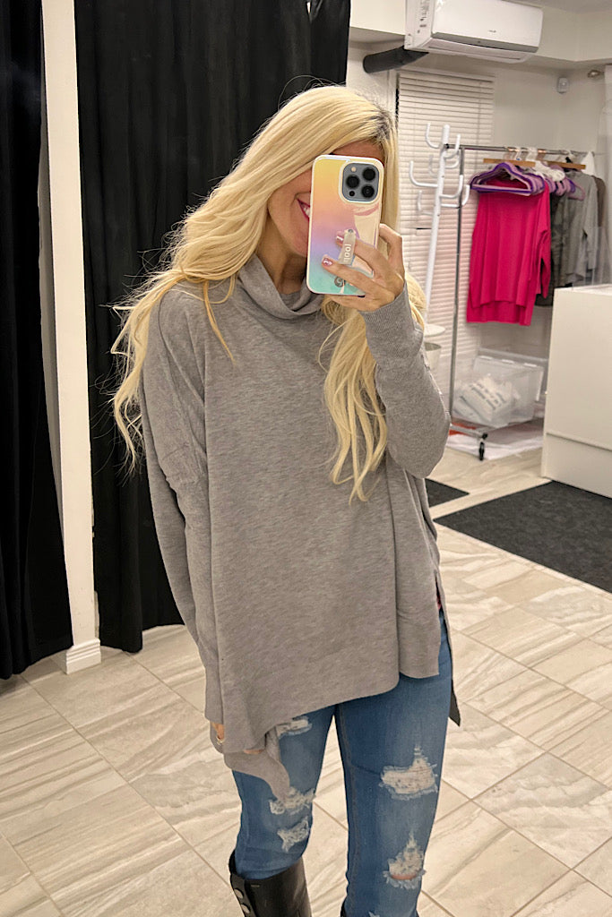 The Positive Vibes Grey Cowl Neck Sweater-SALE