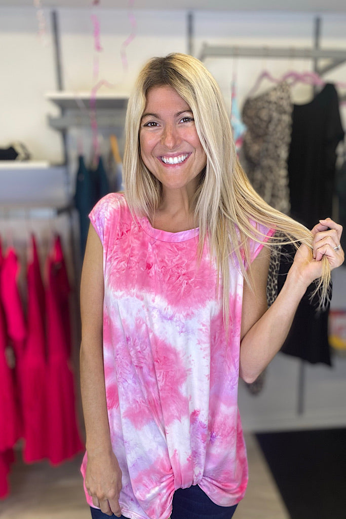Tie Dye Pink Sleeveless Twist Top