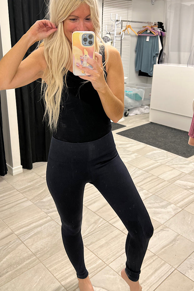 Black High Waisted Mineral Wash Seamless Leggings-SALE