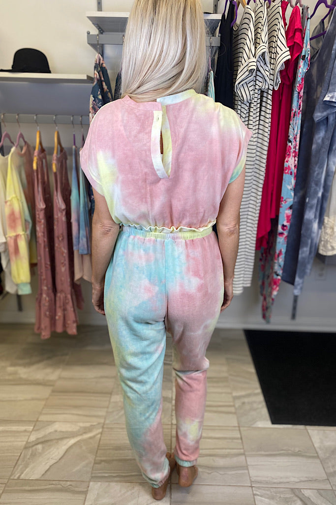 Tie Dye Milkshake Short Sleeves Brushed Knit Jumpsuit-Promo