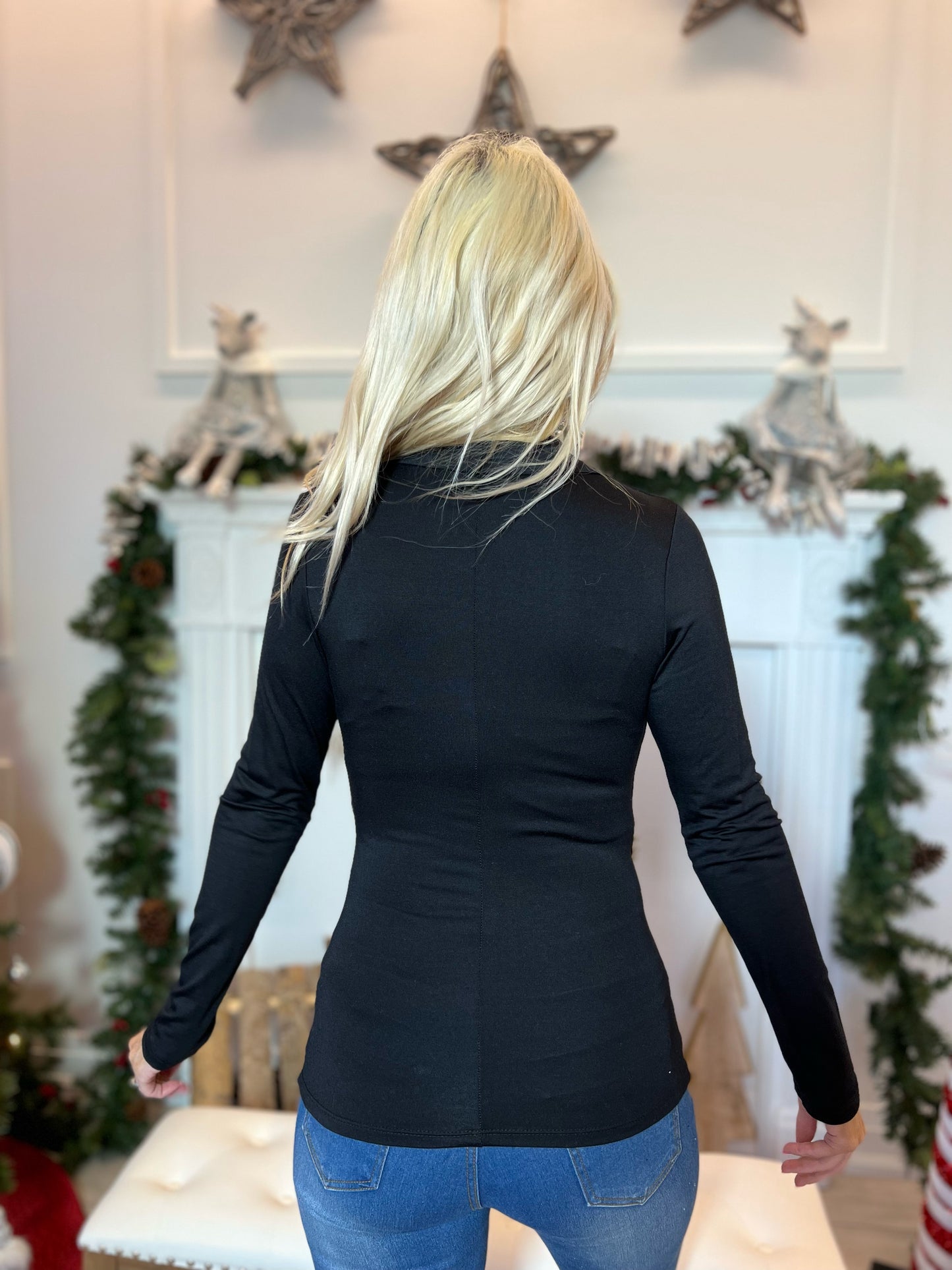 Pretty in Black Surplice Ruched Long Sleeve Top-SALE