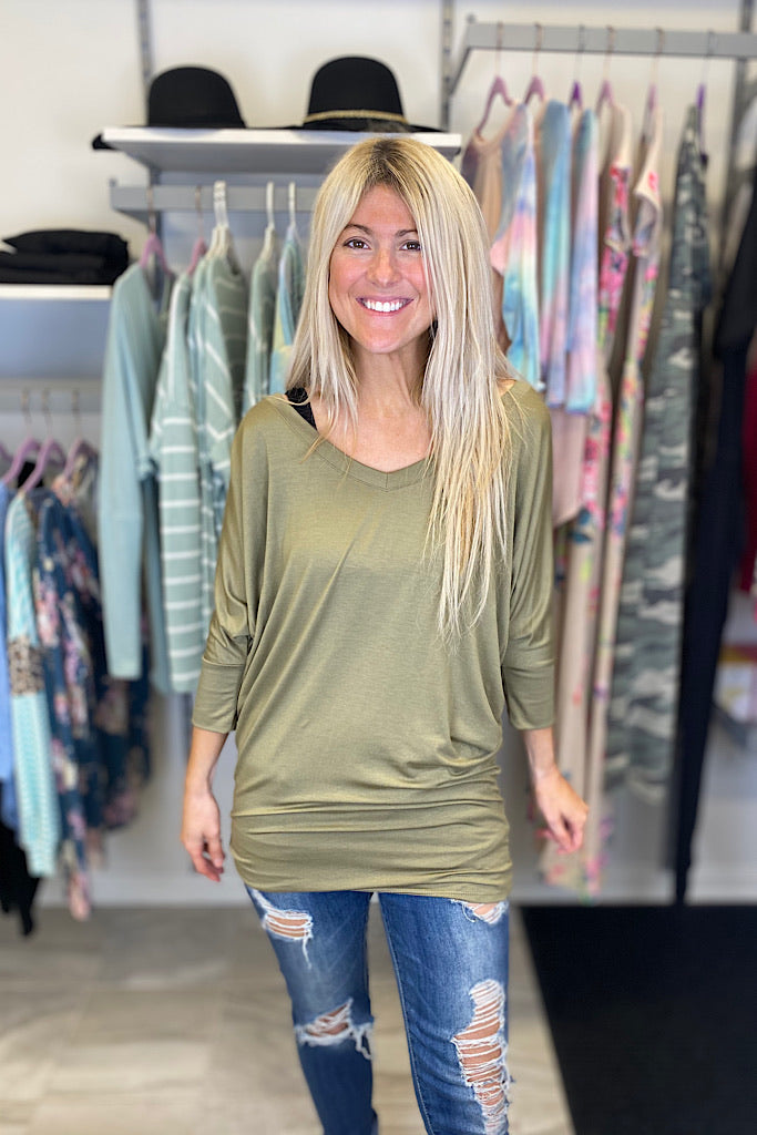 2 in 1 Style Olive V Neck Premium Dolman Sleeve Top