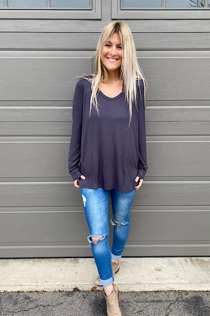 Classic Staple V Neck Long Sleeve Top-Coal Black