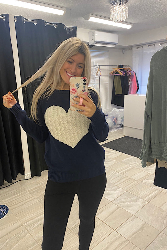 Kind Love Heart Rounded Neck Pullover Sweater-Navy/Ivory