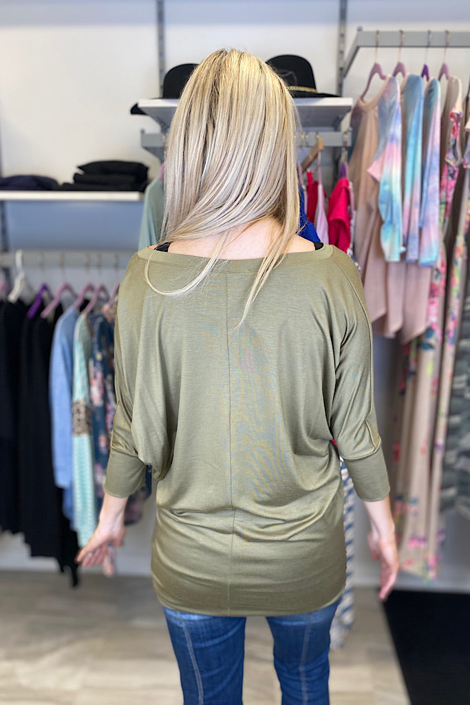 2 in 1 Style Olive V Neck Premium Dolman Sleeve Top