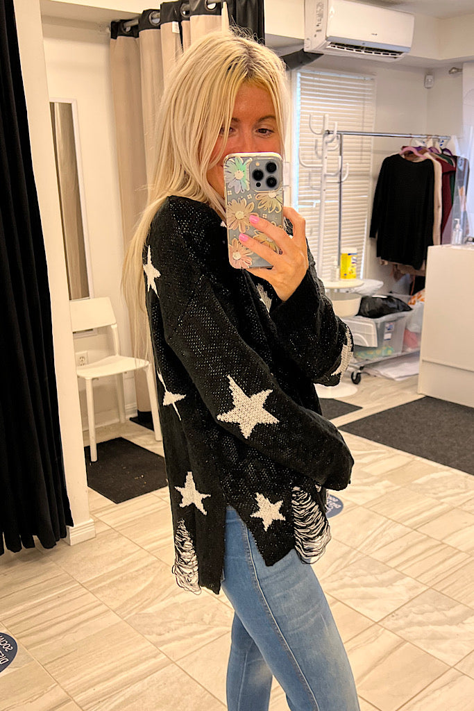 Black Star Distressed Sweater-SALE