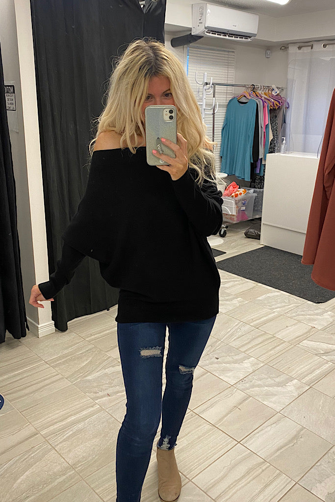 Black Luxe Ribbed Off The Shoulder Sweater