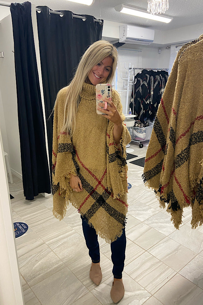 Our Classic Beige Plaid Poncho-Doorbuster