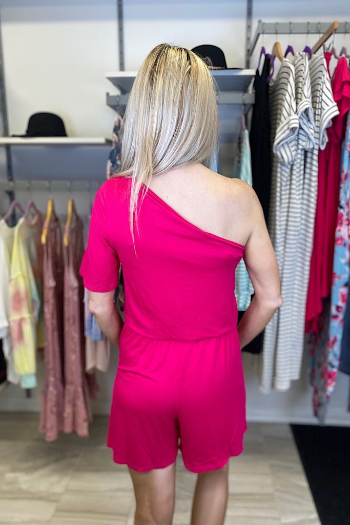 Fuchsia One Shoulder Drawstring Romper-Sale