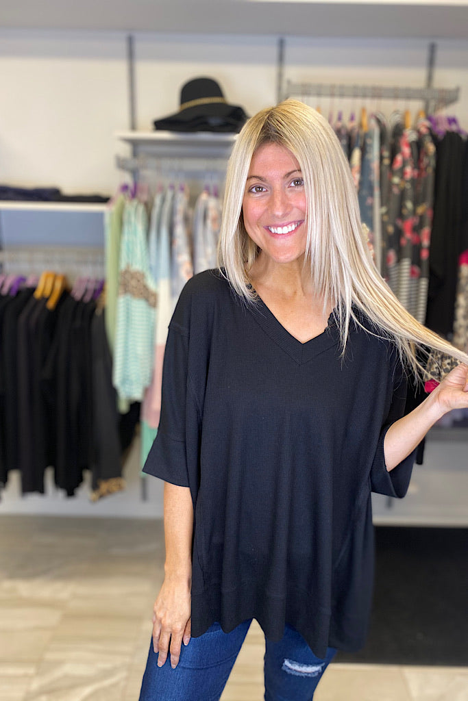 Black Waffle V Neck Dolman Sleeves
