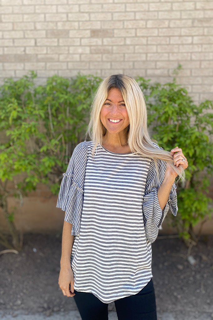Elite Striped Shirred Cotton Blend Tunic Top