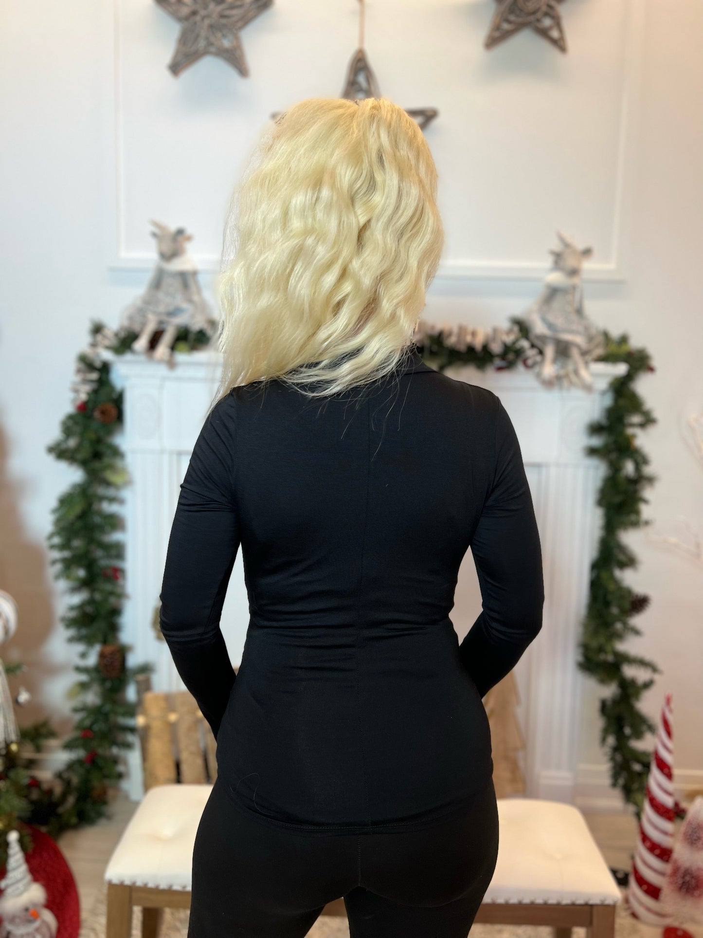 Pretty in Black Surplice Ruched Long Sleeve Top-SALE