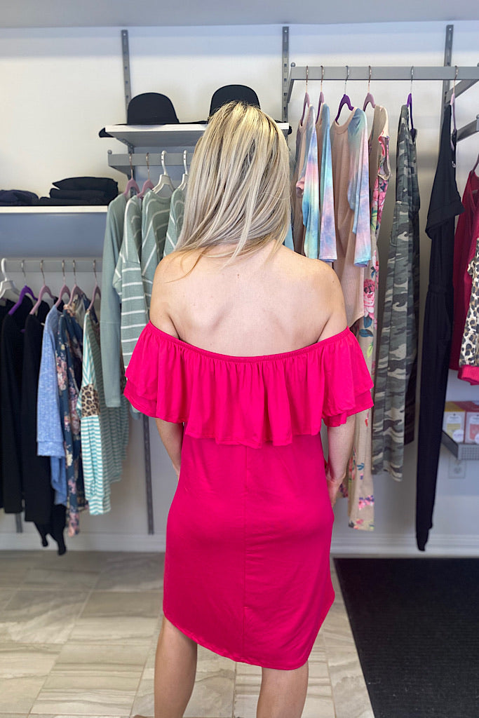 Fuchsia Ruffled Off the Shoulder Dress