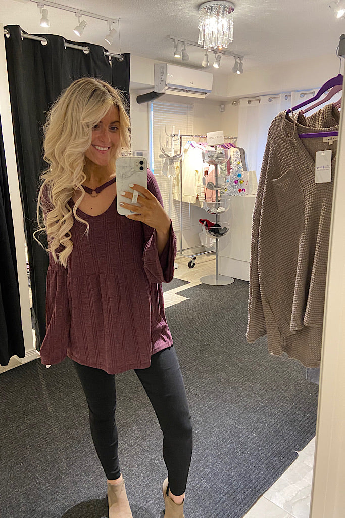 Plum Ribbed Texture Bell Sleeve Top
