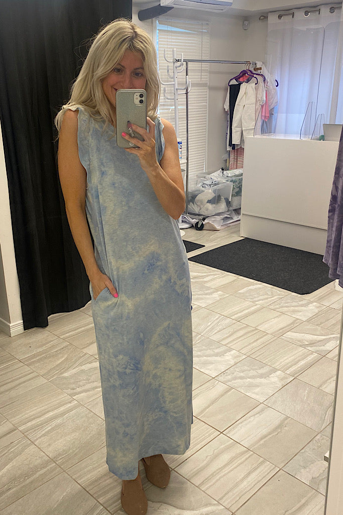 Sky Blue Tie Dye Ruffle Sleeveless Midi Dress