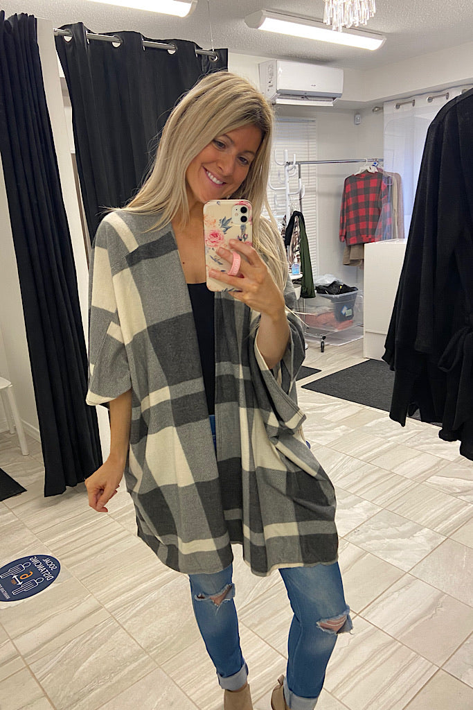 Charcoal Plaid Open Closure Cardigan