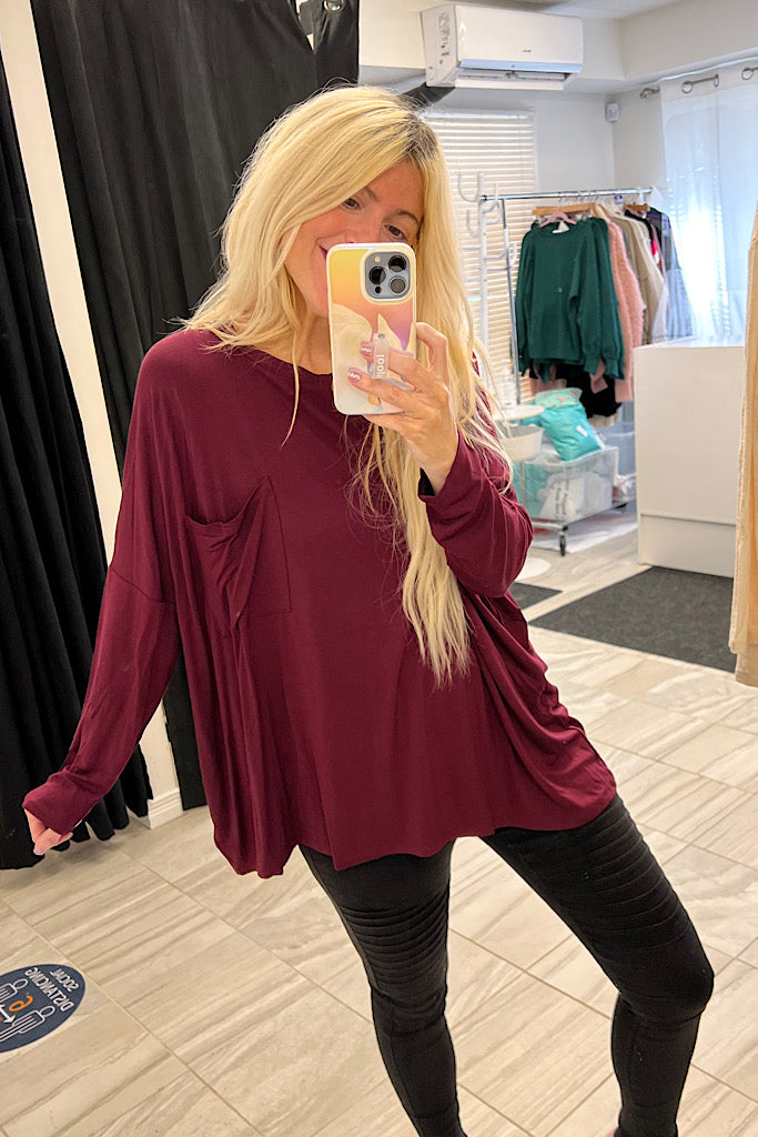 Cozy Boho Burgundy Pocket Top-SALE