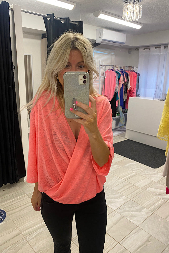 Pink Ciara Dolman Sleeves Surplice Top-SALE