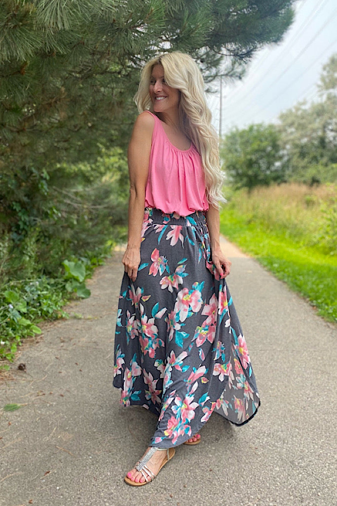 Navy Head Over Heels Floral Maxi Skirt