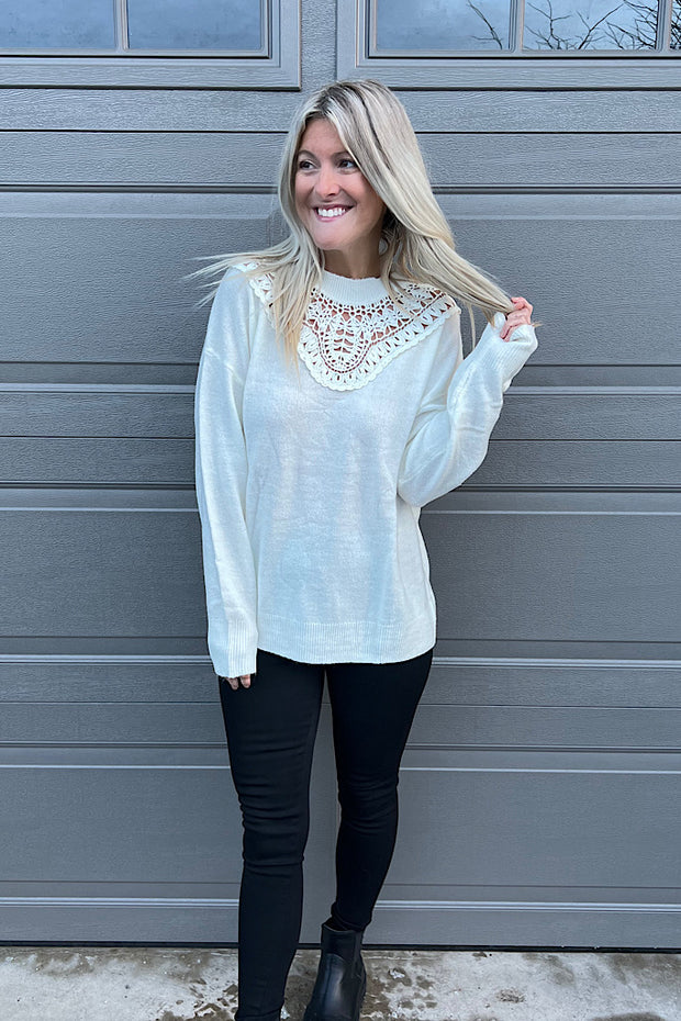 Crochet Lace Trim Pullover Sweater