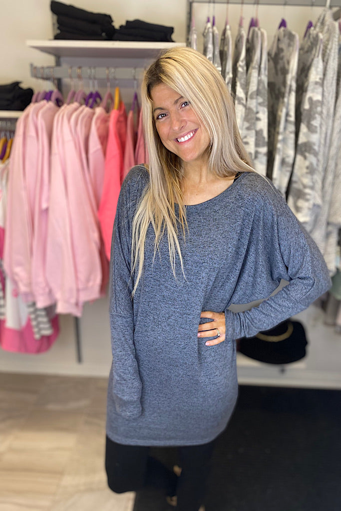 Trendy Dolman Long Sleeve 2 in 1 Tops- Slate Blue