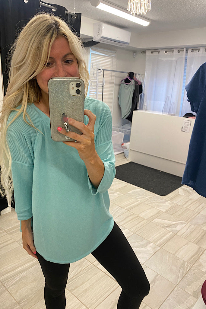 The Tia Aqua Raglan Style Contrast Brushed Knit Top